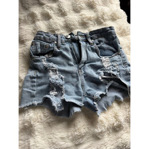 Preowned, Almost Famous light wash , distressed denim shorts, size 0